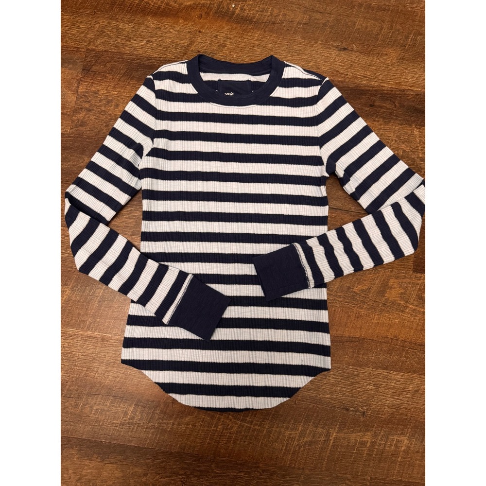 Aerie Navy Striped Ribbed Long Sleeve Top Gold Metallic Size Small